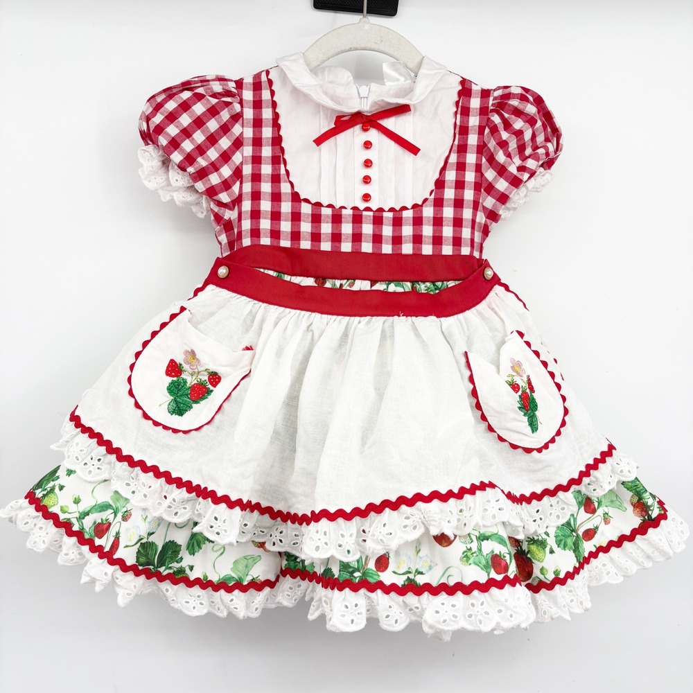 Hummingbird Girls Handmade Gingham Strawberry Cottagecore Eyelet Lace Dress 3